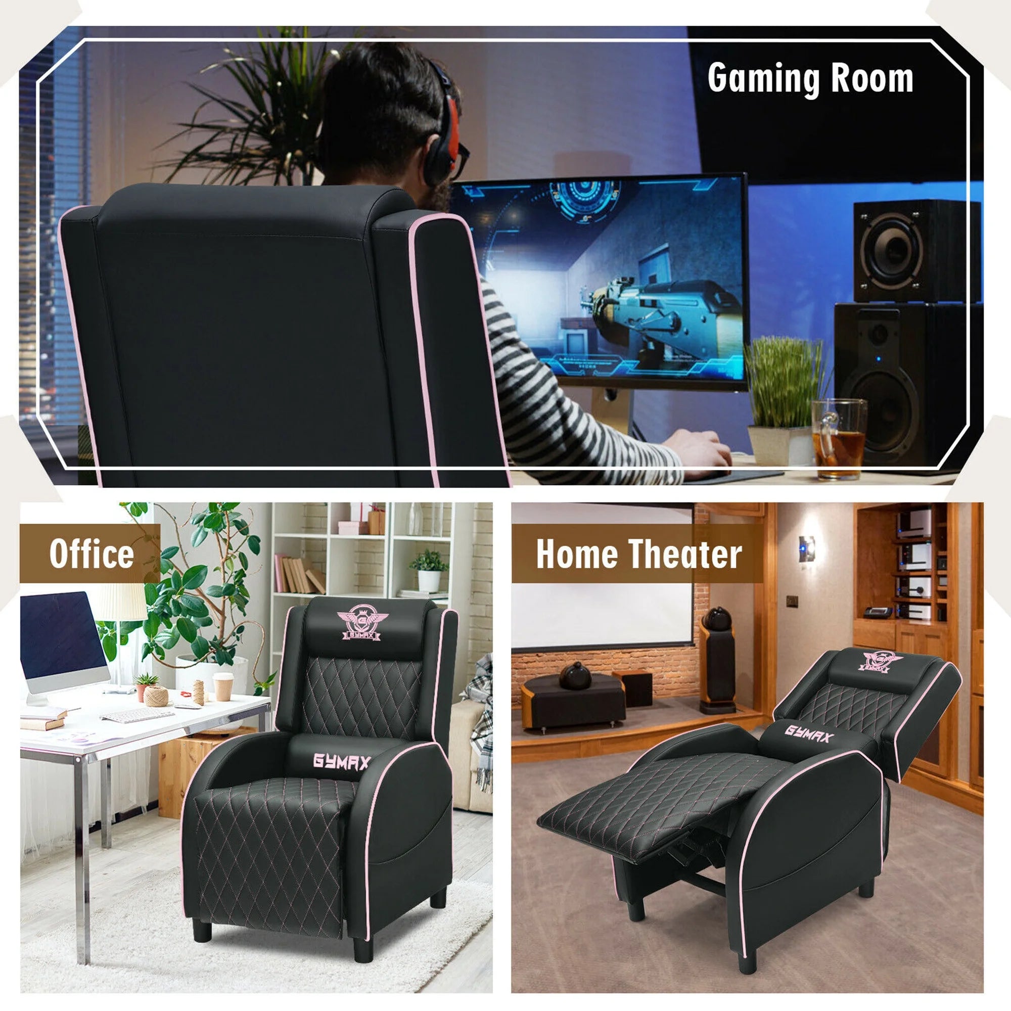 Massage Gaming Recliner Chair Leather Single Sofa Home Theater Seat Pink