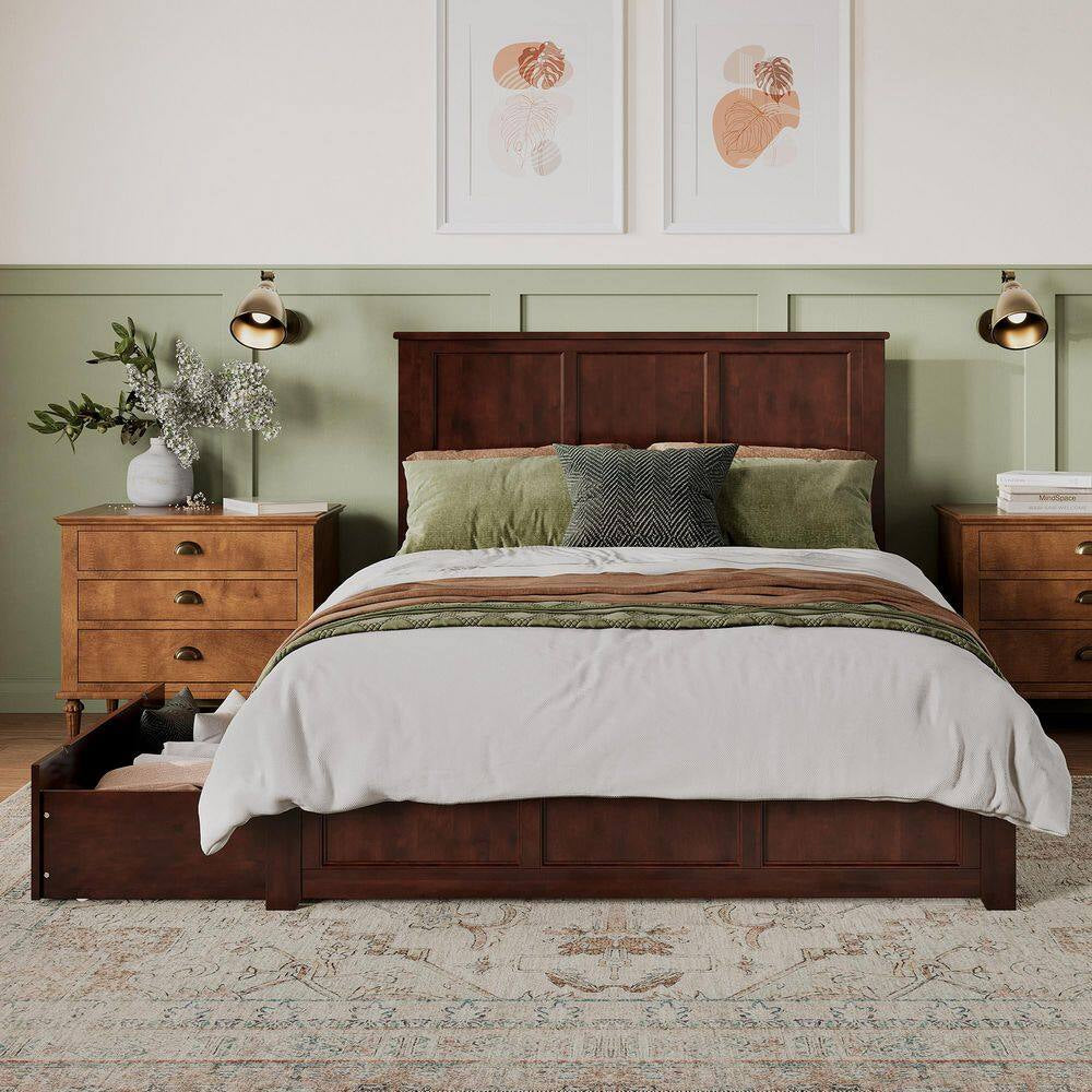 Madison Walnut Brown Solid Wood Frame Queen Platform Bed with Matching Footboard and Storage Drawers