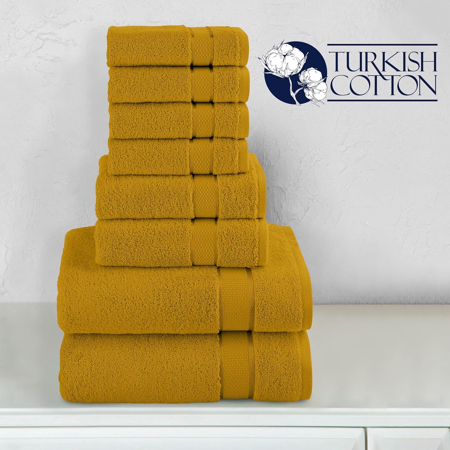 Premium Cotton 8-Piece Towel Set, Includes 4 Washcloths, 2 Hand Towels and 2 Bath Towels, 100% Turkish Cotton - Highly Absorbent and Super Soft Towels for Bathroom, Gold