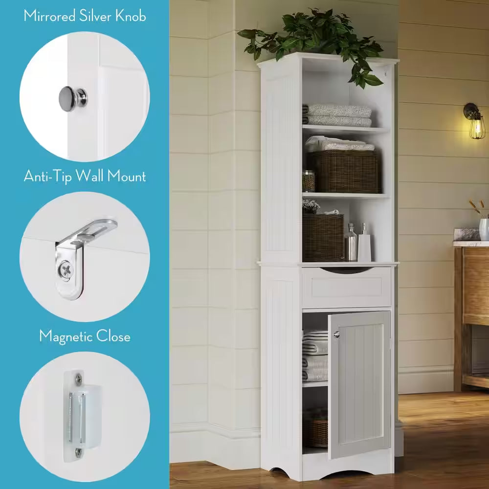 Ashland 16.5 In. W X 13 in D X 60 In. H White Linen Cabinet Tall Bathroom Storage Organizer with Drawer and Shelves