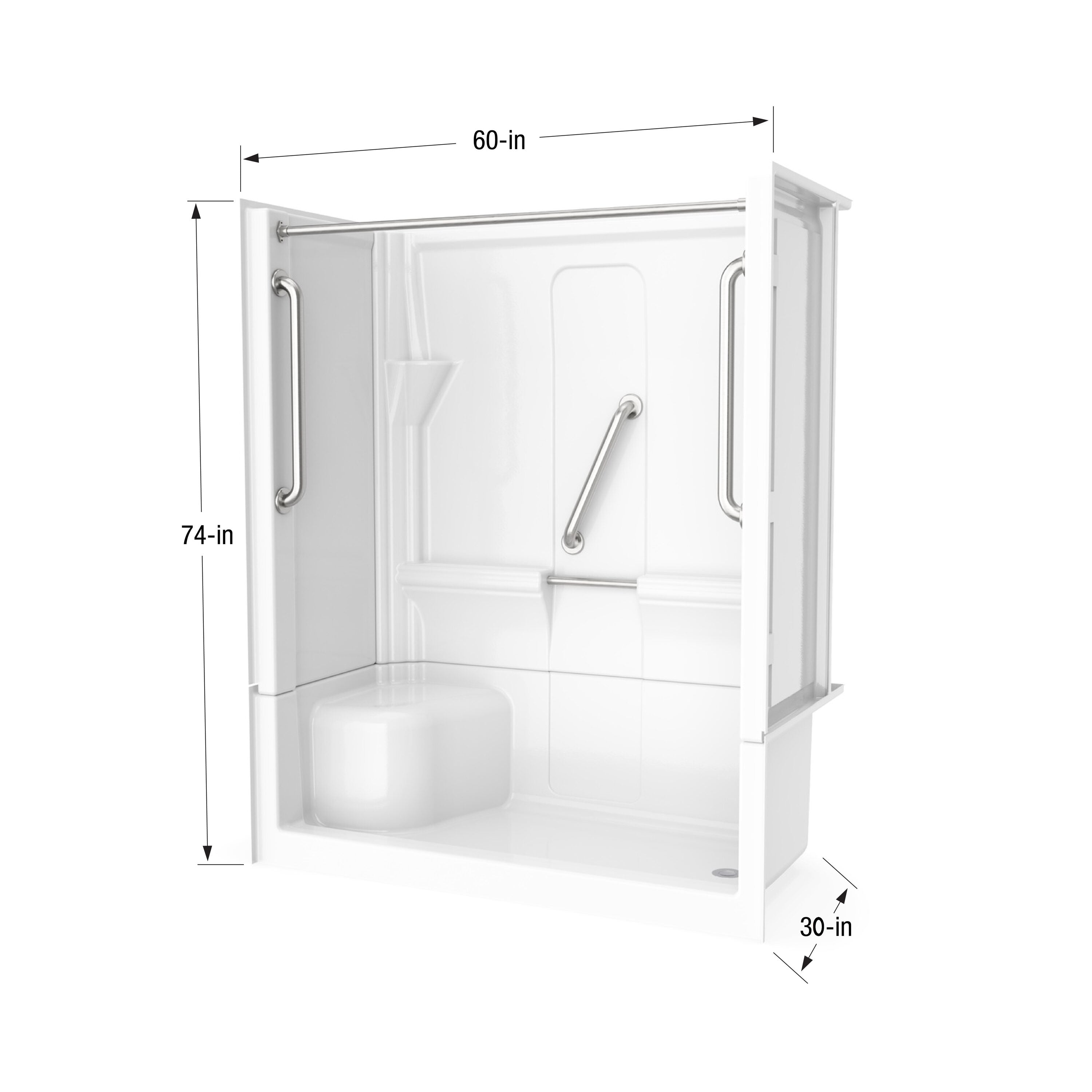 Almedia 4 -Piece 30-In W X 60-In L X 74-In H Rectangle Alcove Shower Kit ( Right Drain) with Integrated Seat Base and Wall Drain and Brushed Stainless Steel Hardware Included