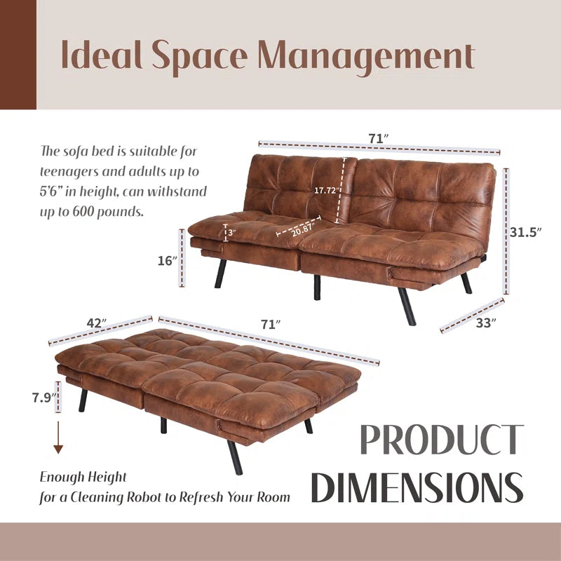 71" Mid Century Modern Leather Convertible Futon Twin Size with Adjustable Arms