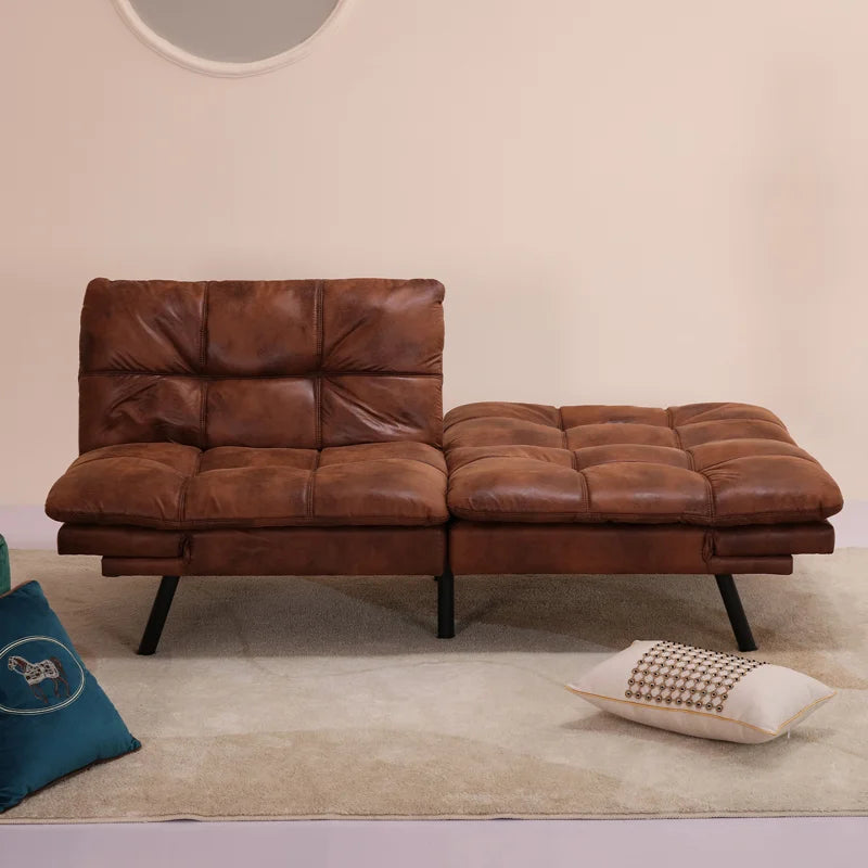 71" Mid Century Modern Leather Convertible Futon Twin Size with Adjustable Arms