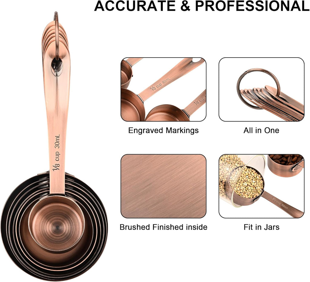 Copper Measuring Cups and Spoons Set of 18, 7 Measuring Cups, 9 Measuring Spoons, Stainless Steel Measuring Spoons and Cups for Dry & Wet Ingredients during Kitchen & Baking