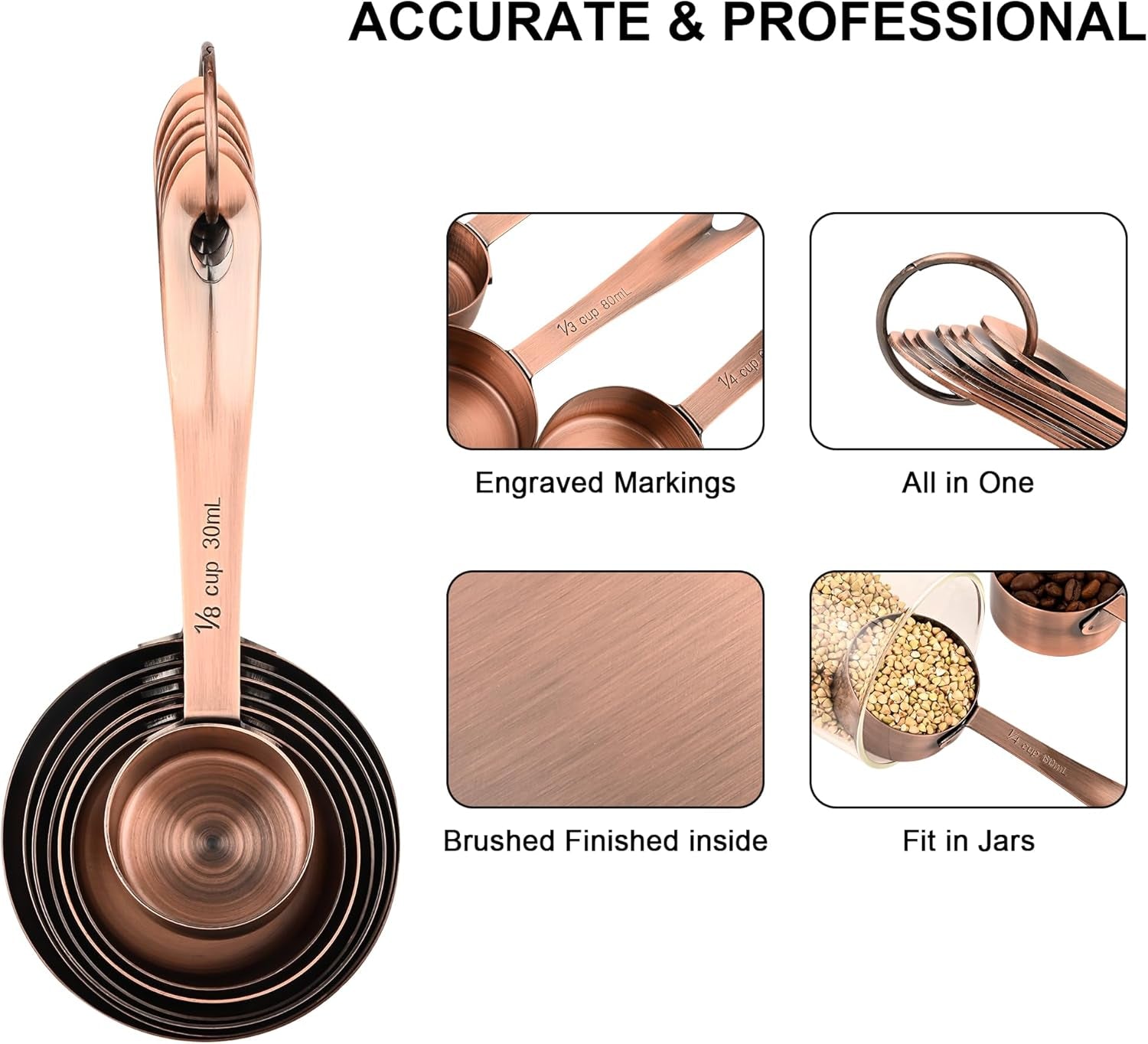 Copper Measuring Cups and Spoons Set of 18, 7 Measuring Cups, 9 Measuring Spoons, Stainless Steel Measuring Spoons and Cups for Dry & Wet Ingredients during Kitchen & Baking