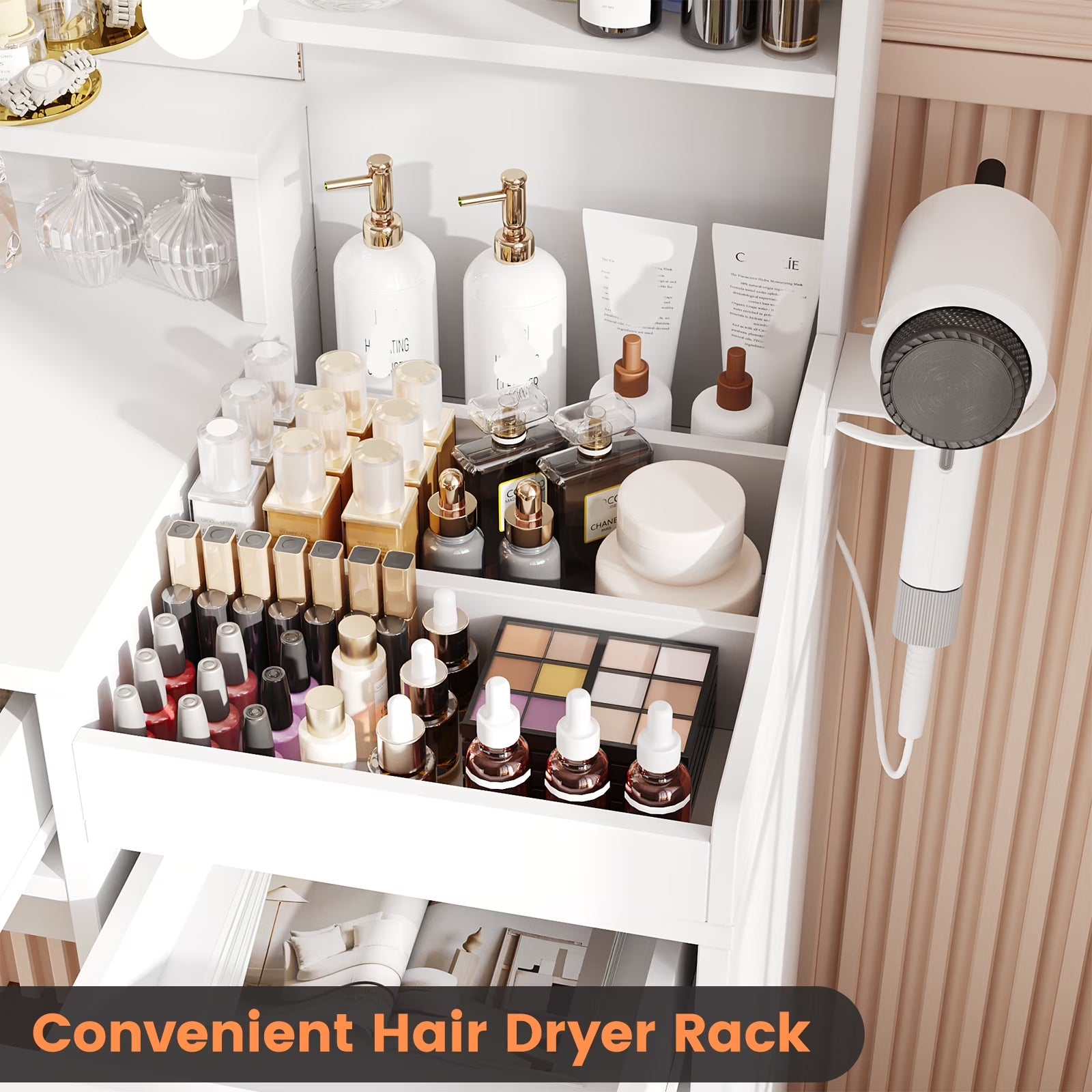 39.8" White Vanity Desk with Mirror and Lights, Modern Makeup Table with Charging Station and Storage