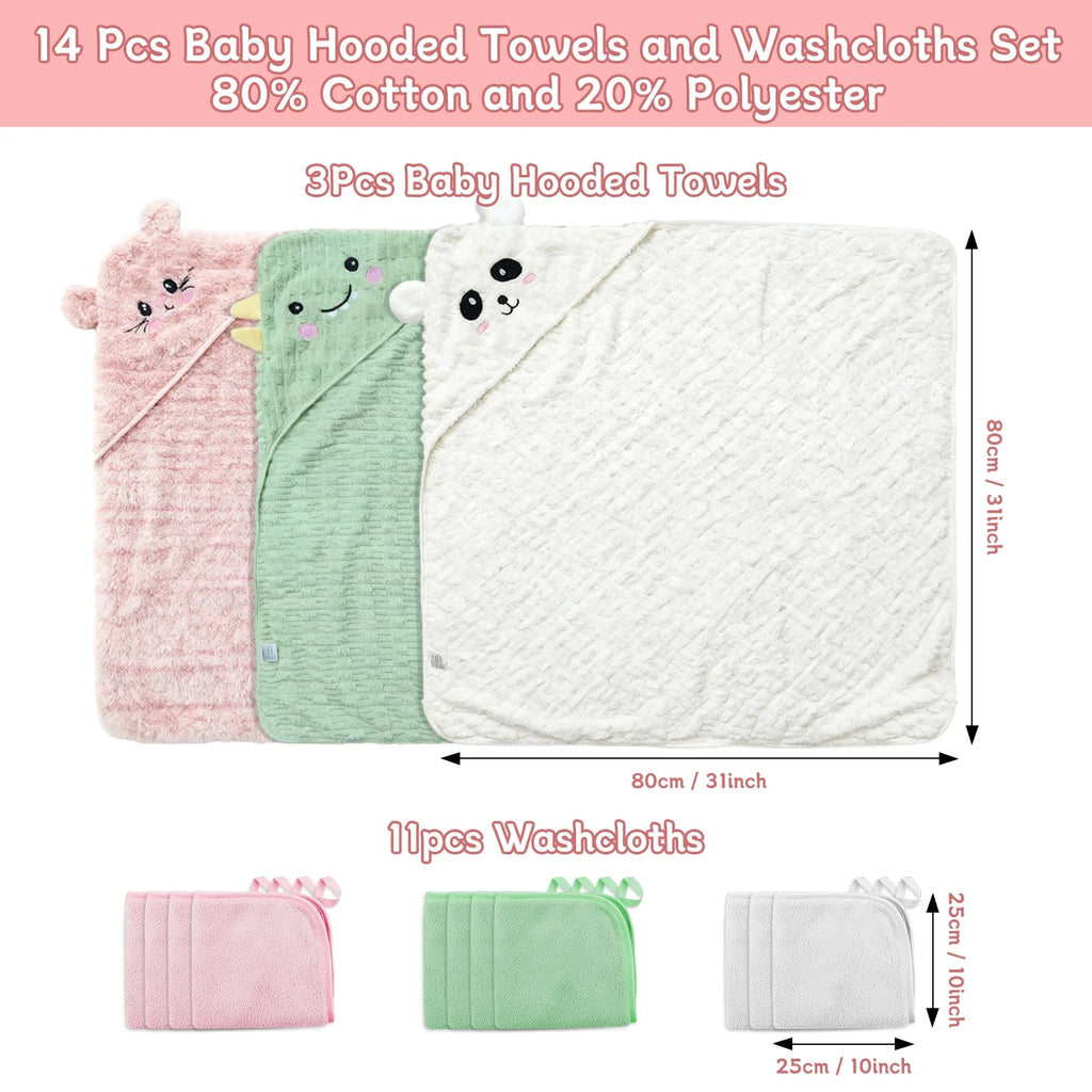 14 PCS Baby Bath Towels Set, 3 PCS Soft Hooded Baby Towels & 11 PCS Washcloths, Bath Towels for Newborns, Infants & Toddlers, Ultra Absorbent, Cute Baby Towel Gift for Girls