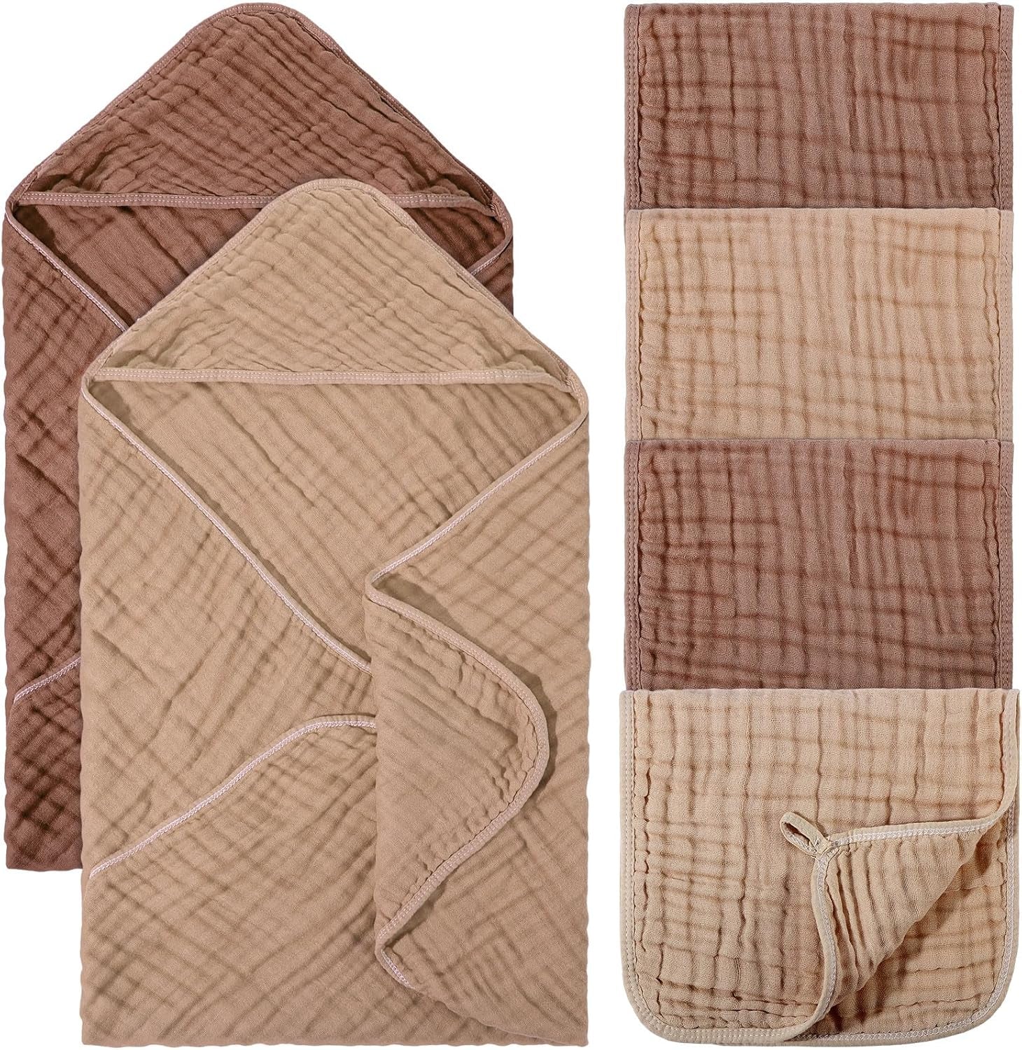 6 Pcs Baby Muslin Hooded Bath Towels and Washcloths Muslin Cotton Hooded Baby Towels Absorbent Blankets for Gift Newborn Infant Shower (32 X 32 Inch,Brown,Coffee)
