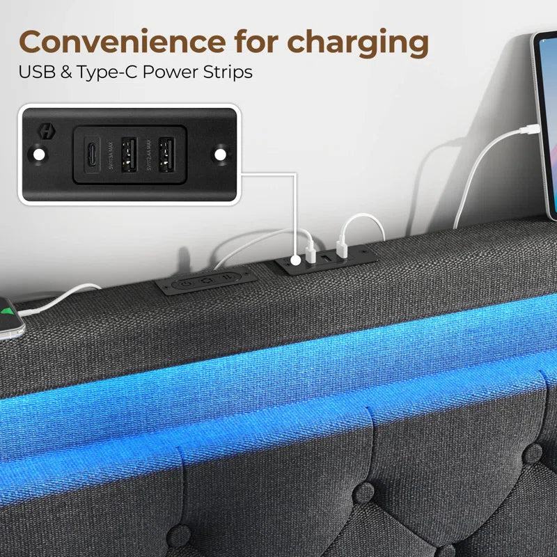 Upholstered Storage Bed with Adjustable Headboard, LED Lights and USB Power Strips