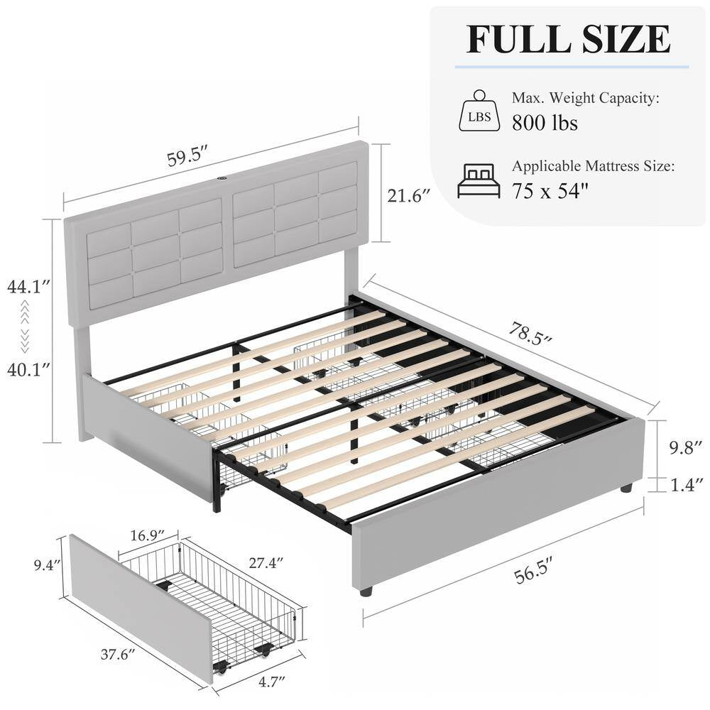 Upholstered Bed with 4-Drawers, Full Bed Frame, Light Gray Platform Bed with Headboard, Built-In USB and Type C Ports