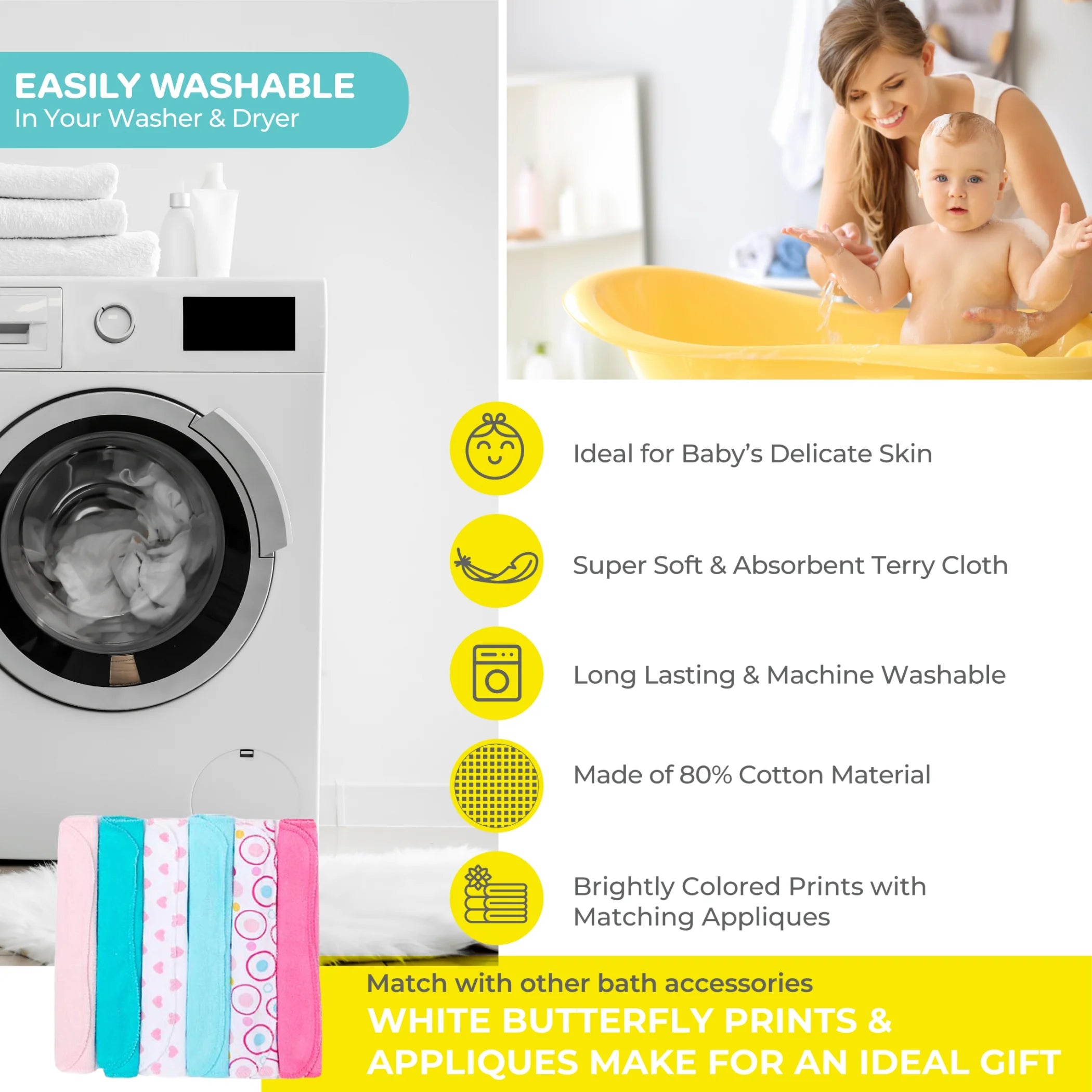Bath Hooded Towels & Washcloths Set for Babies, 23-Piece Gift Set, White Butterfly