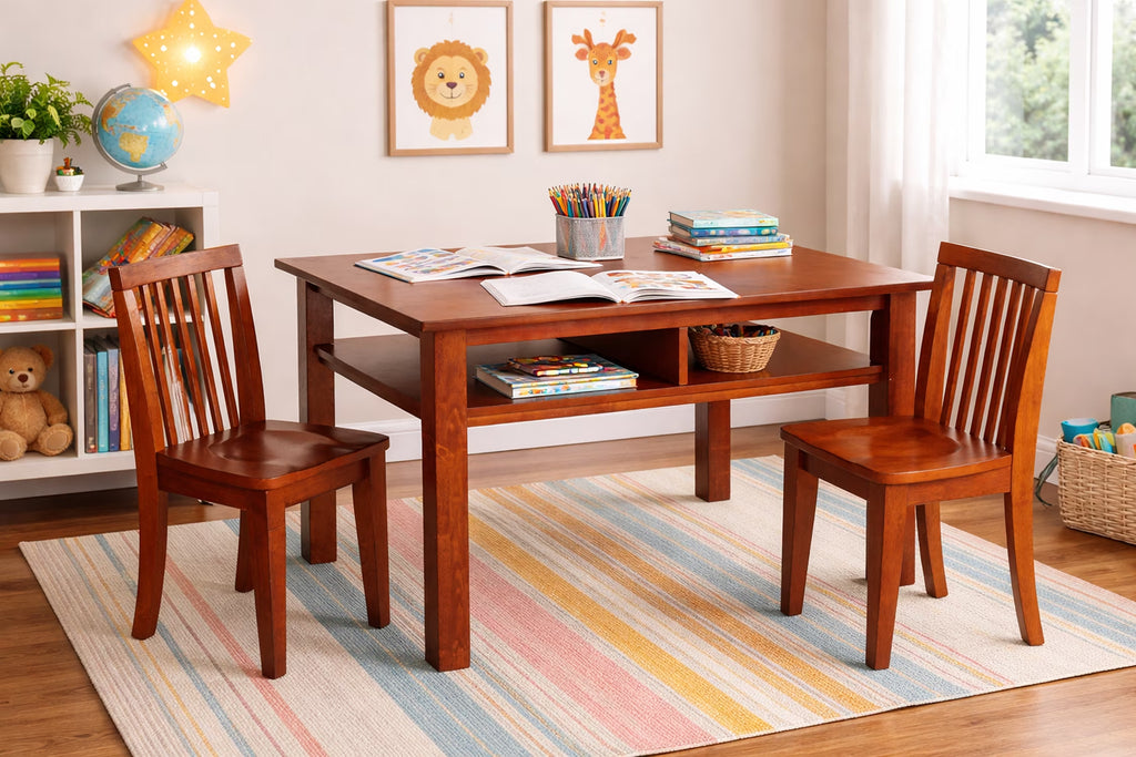 AFG Newton Wooden Kids Table and 2 Contoured Chairs Set, Mahogany