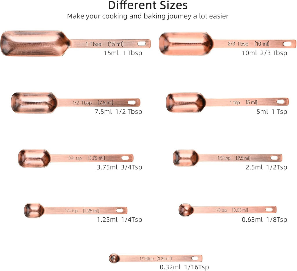 Copper Measuring Cups and Spoons Set, 20-Piece Stainless Steel Measuring Cups and Spoons Set, Measuring Stick Leveler, Measurement Conversion Chart Fridge Magnet, with 2/3 & 3/4 Measure Cup