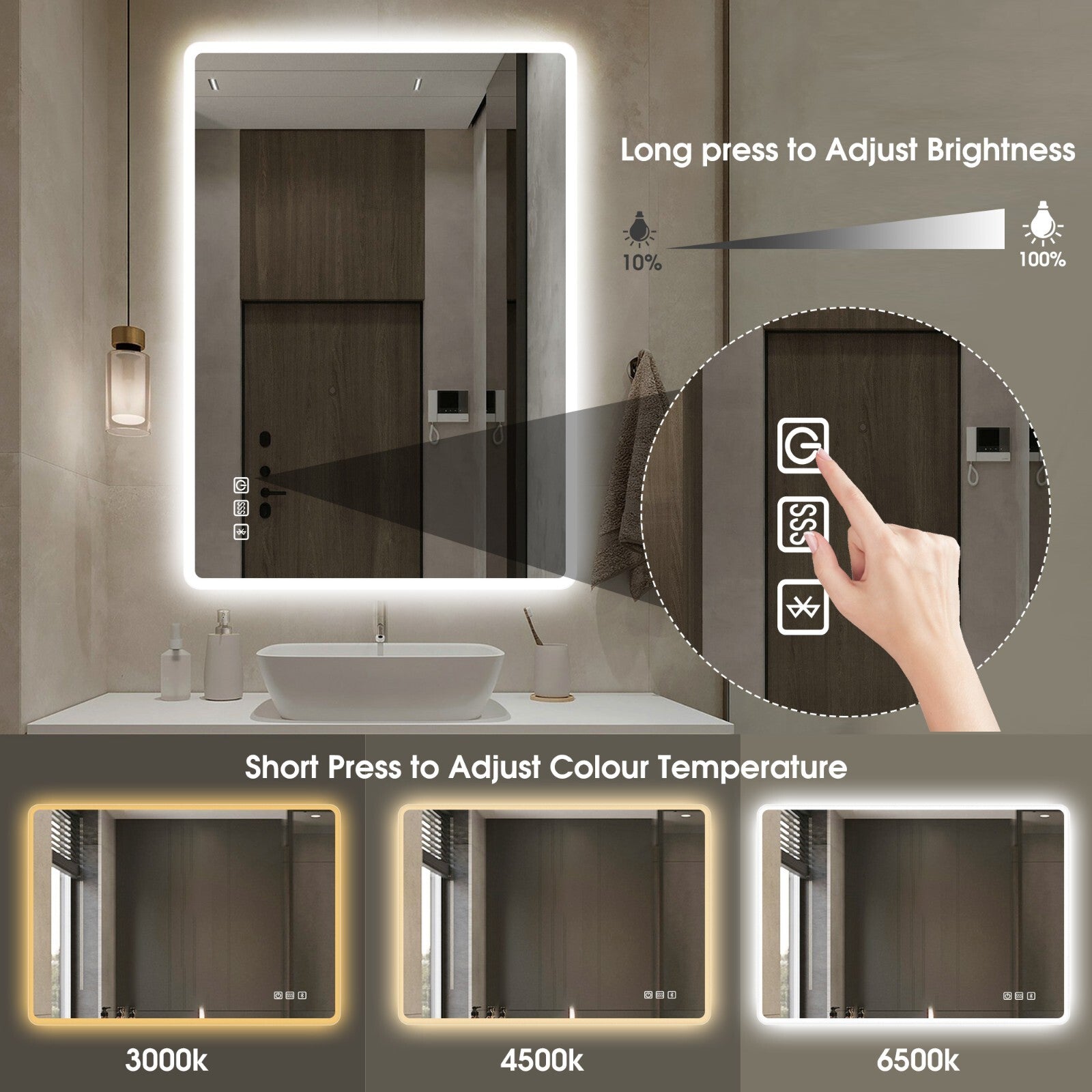LED Bathroom Mirror 28X36 Inch Anti-Fog Dimmable Bluetooth Backlit 3 Color