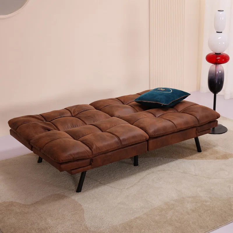 71" Mid Century Modern Leather Convertible Futon Twin Size with Adjustable Arms