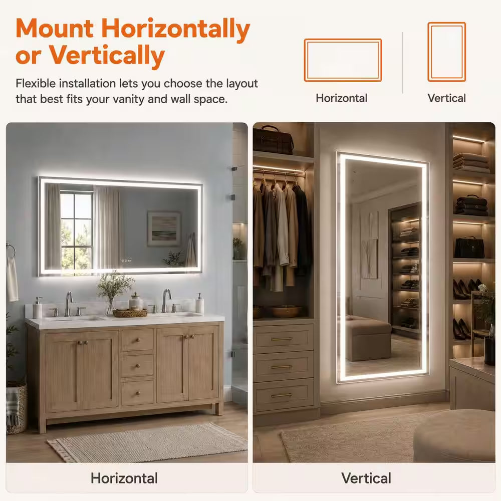 72 In. W X 36 In. H Rectangular Frameless LED Wall Bathroom Vanity Mirror