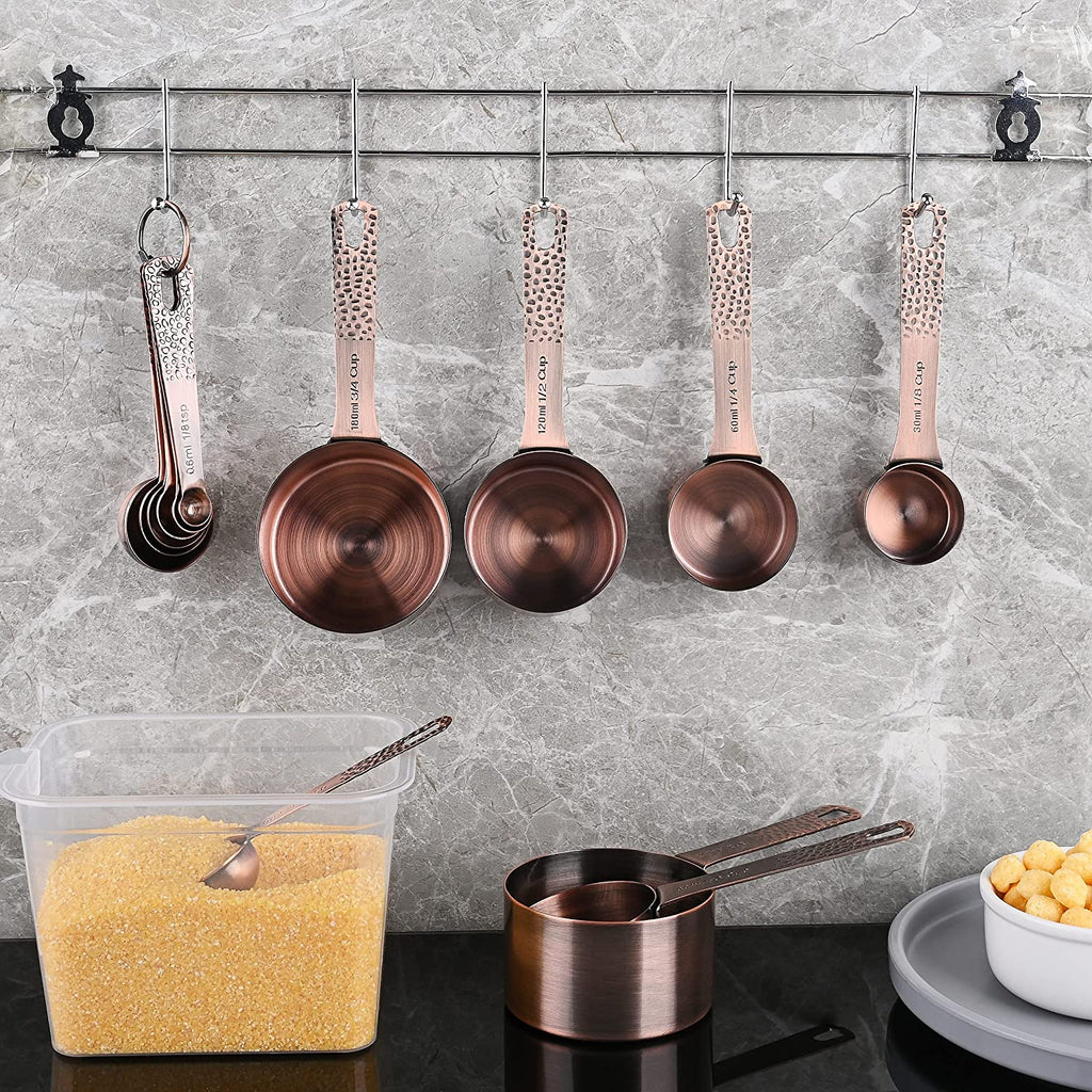 Copper Measuring Cups and Spoons Set, Metric & US Stainless Steel 5 Measuring Cups and 6 Measuring Spoons for Baking & Kitchen