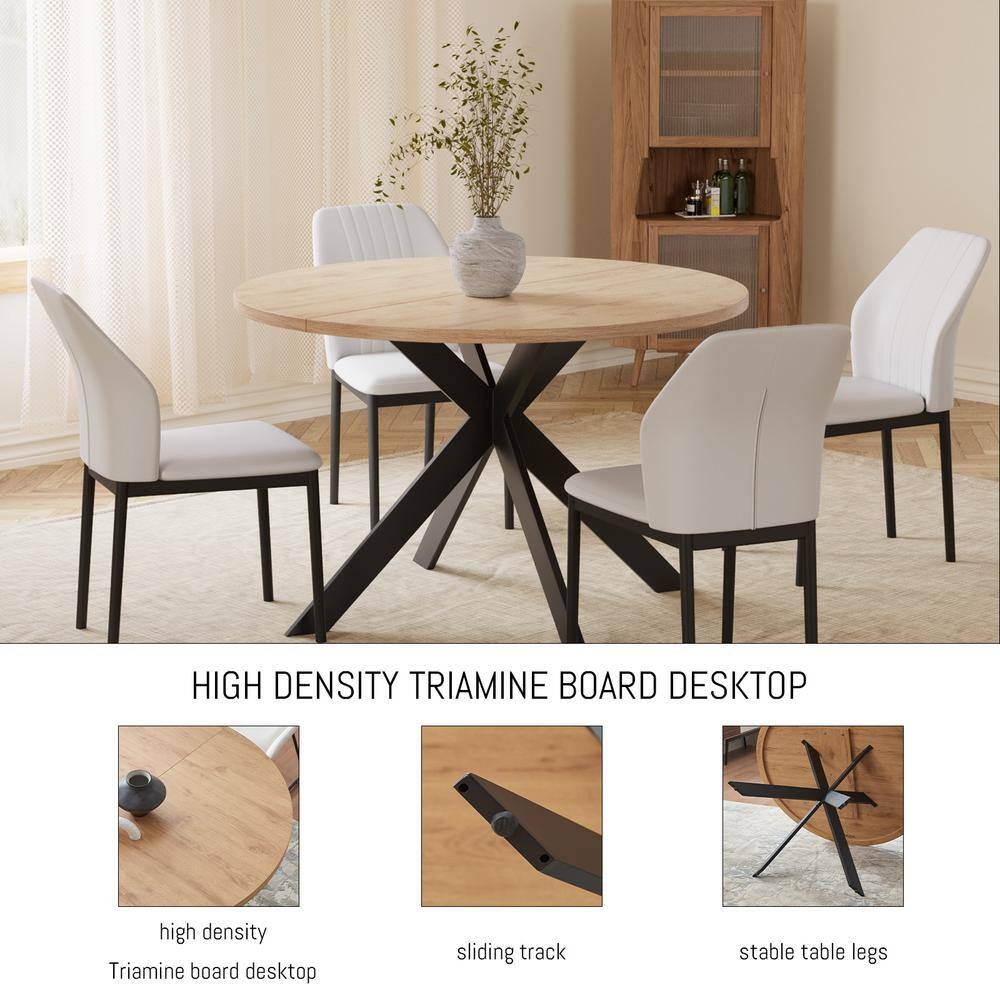 5-Piece White Chairs and round Oak Wood Top, Dining Table Set, Dining Room Set with 4-Modern Chairs