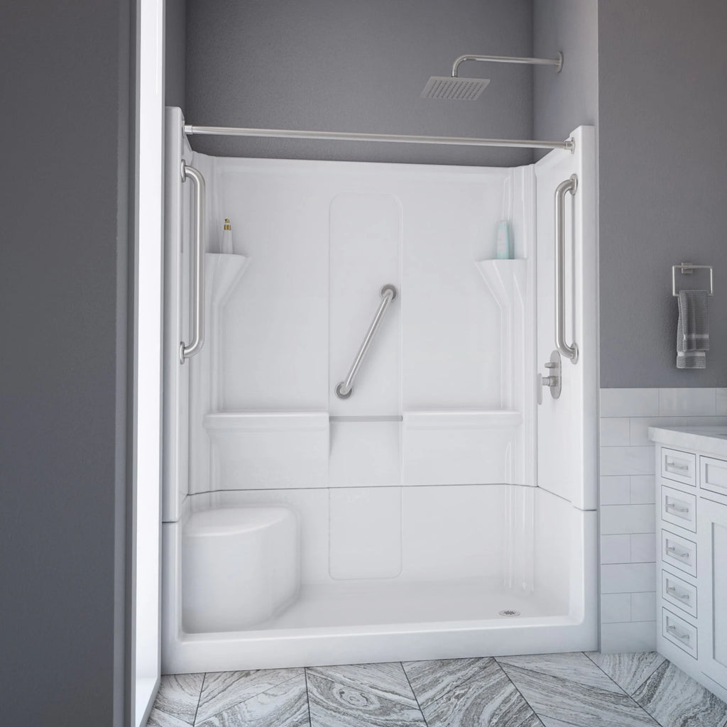 Almedia 4 -Piece 30-In W X 60-In L X 74-In H Rectangle Alcove Shower Kit ( Right Drain) with Integrated Seat Base and Wall Drain and Brushed Stainless Steel Hardware Included