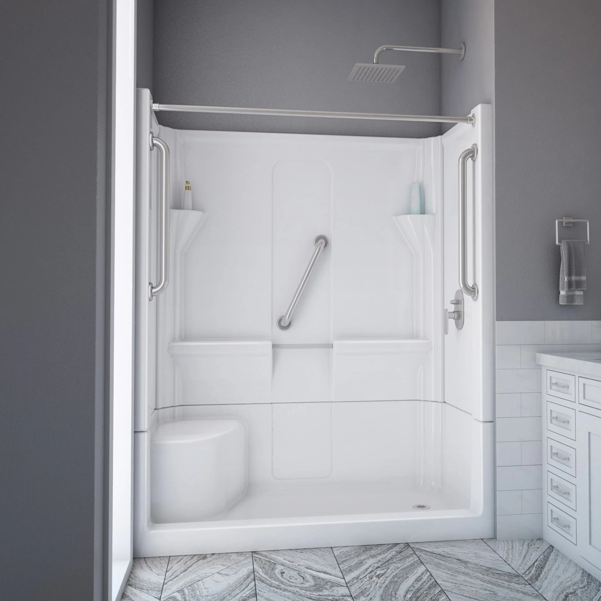 Almedia 4 -Piece 30-In W X 60-In L X 74-In H Rectangle Alcove Shower Kit ( Right Drain) with Integrated Seat Base and Wall Drain and Brushed Stainless Steel Hardware Included