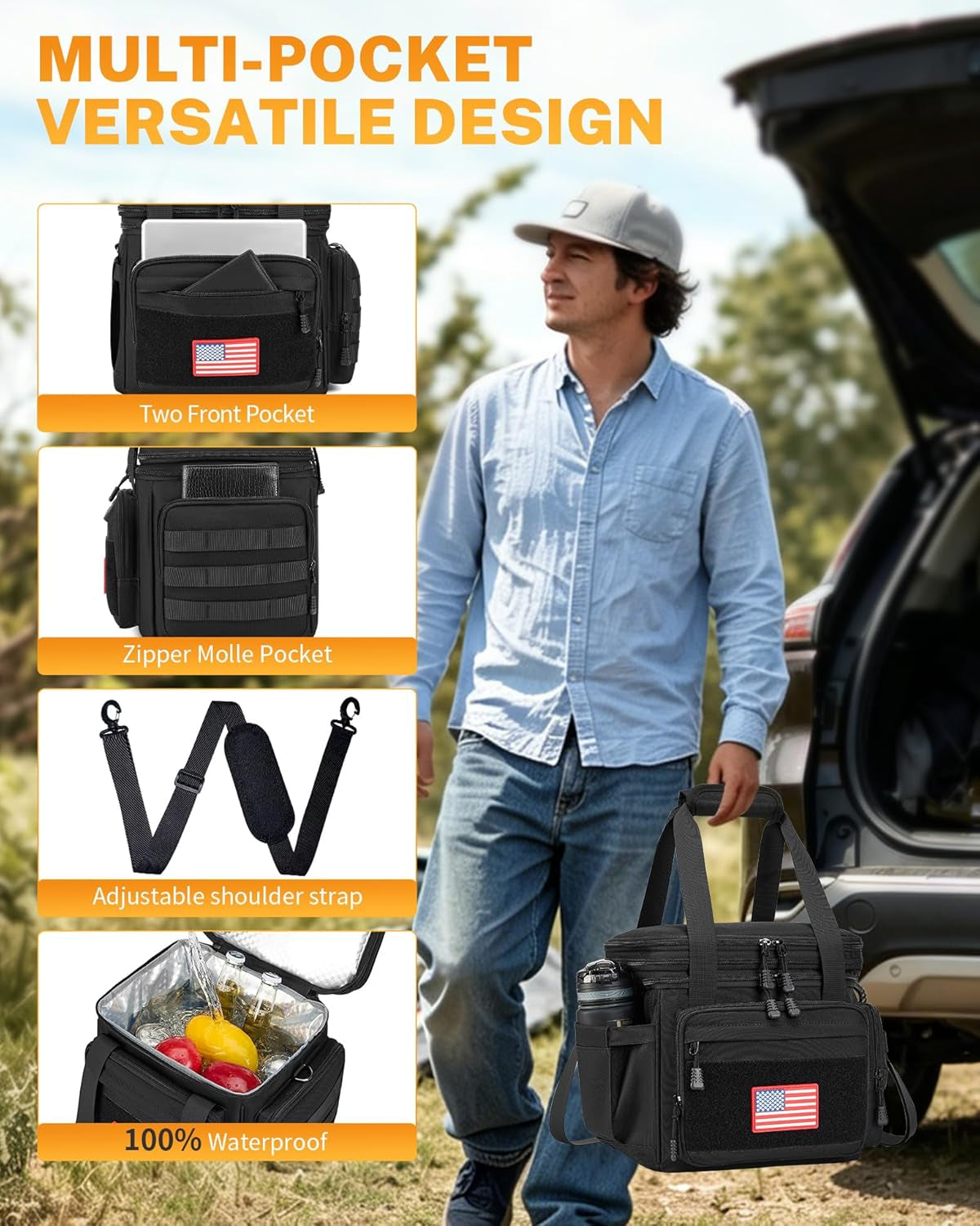 Tactical Lunch Box for Men, Insulated Lunch Bag Adult, Thermal Lunchbox Leakproof Waterproof Cooler Bag, Large Lunch Pail for Work Office Camping Travel (Black)