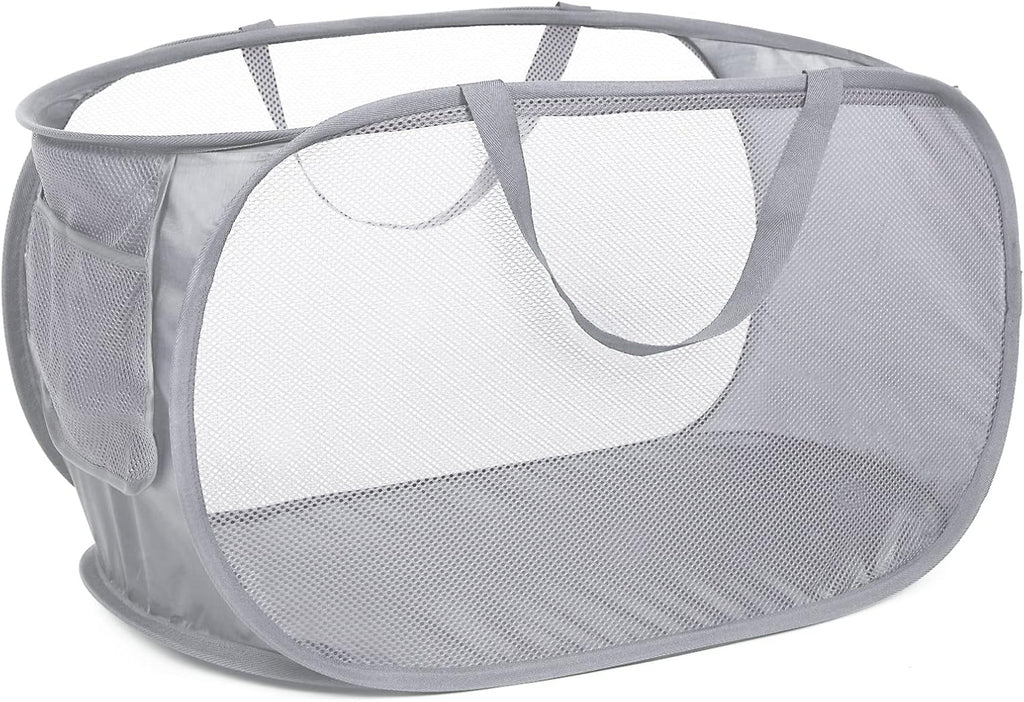 Durable Collapsible Laundry Baskets, Mesh Pop up Laundry Hamper with Side Pocket, Foldable Clothes Storage Hamper with Reinforced Carry Handles for Laundry, Bathroom, Kids Room, Dorm or Travel Grey