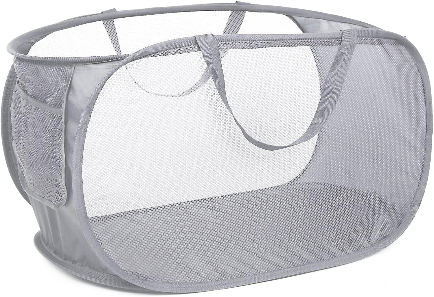 Durable Collapsible Laundry Baskets, Mesh Pop up Laundry Hamper with Side Pocket, Foldable Clothes Storage Hamper with Reinforced Carry Handles for Laundry, Bathroom, Kids Room, Dorm or Travel Grey