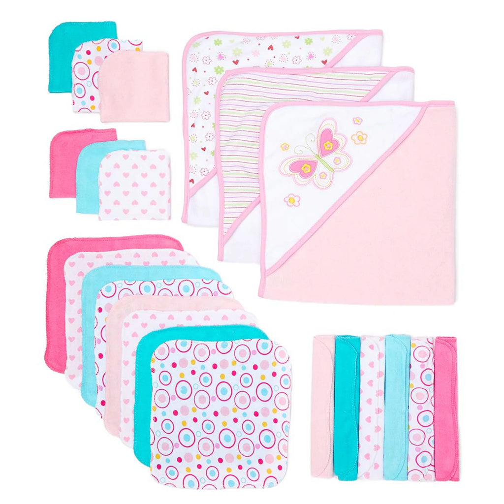 Bath Hooded Towels & Washcloths Set for Babies, 23-Piece Gift Set, White Butterfly