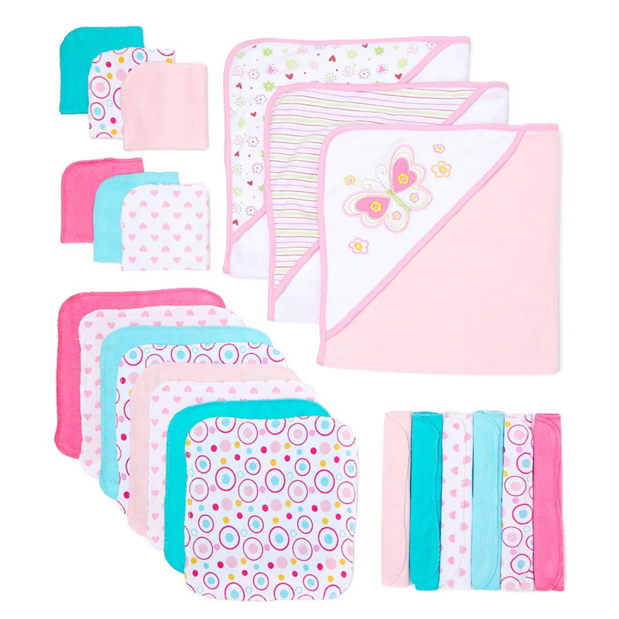 Bath Hooded Towels & Washcloths Set for Babies, 23-Piece Gift Set, White Butterfly