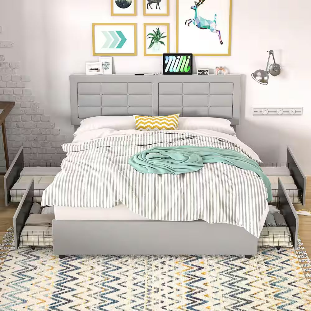 Upholstered Bed with 4-Drawers, Full Bed Frame, Light Gray Platform Bed with Headboard, Built-In USB and Type C Ports
