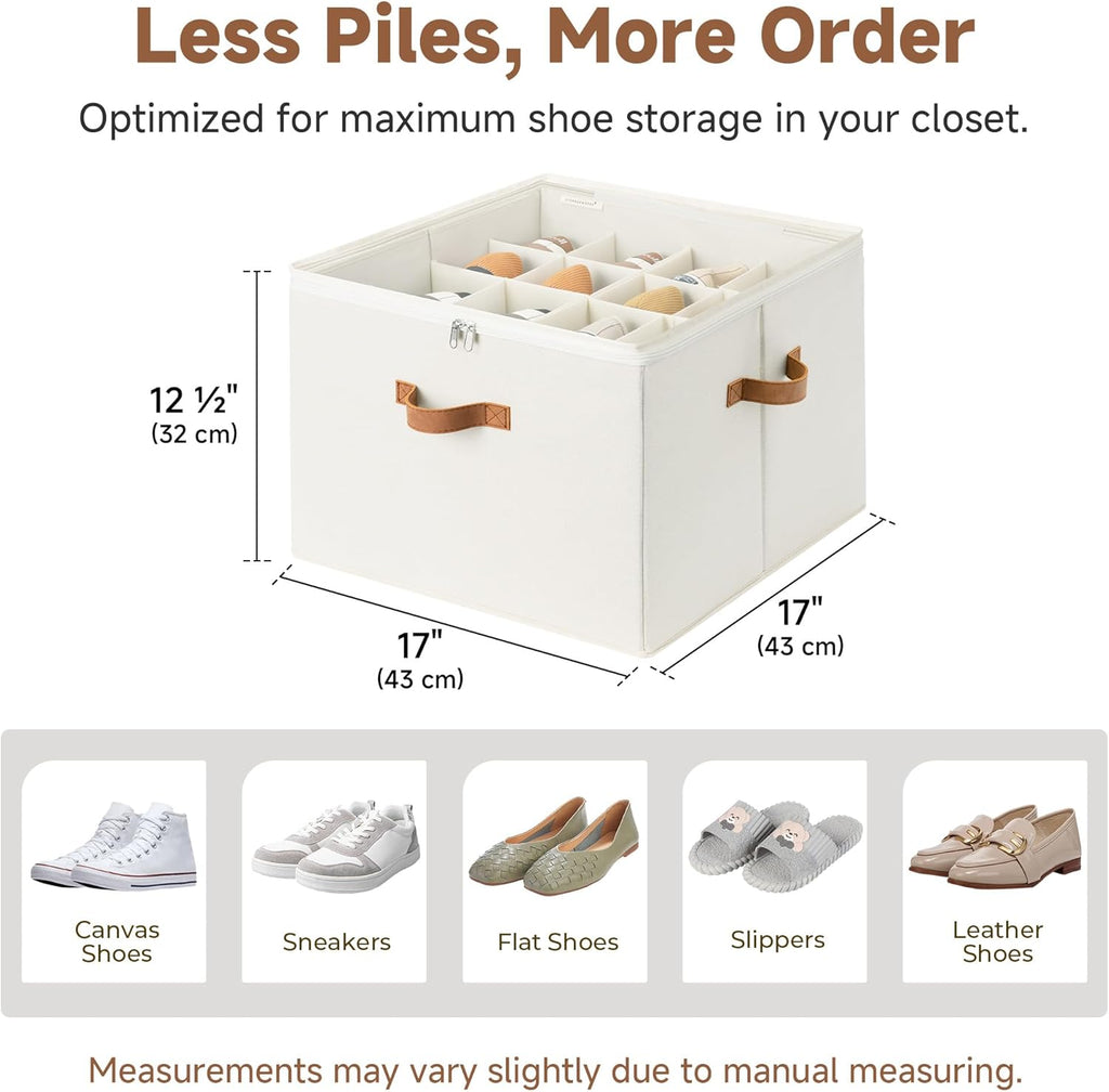 Shoe Organizer for Closet, Shoe Storage Cubby Containers with Adjustable Dividers and Clear Cover, Fits up to 16 Pairs, Foldable Shoe Storage Box for Closet, Entryway, Beige