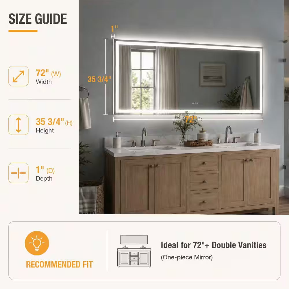 72 In. W X 36 In. H Rectangular Frameless LED Wall Bathroom Vanity Mirror