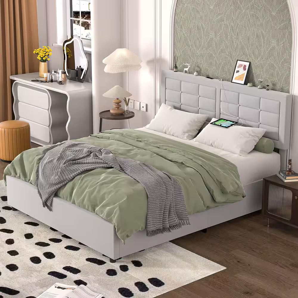 Upholstered Bed with 4-Drawers, Full Bed Frame, Light Gray Platform Bed with Headboard, Built-In USB and Type C Ports