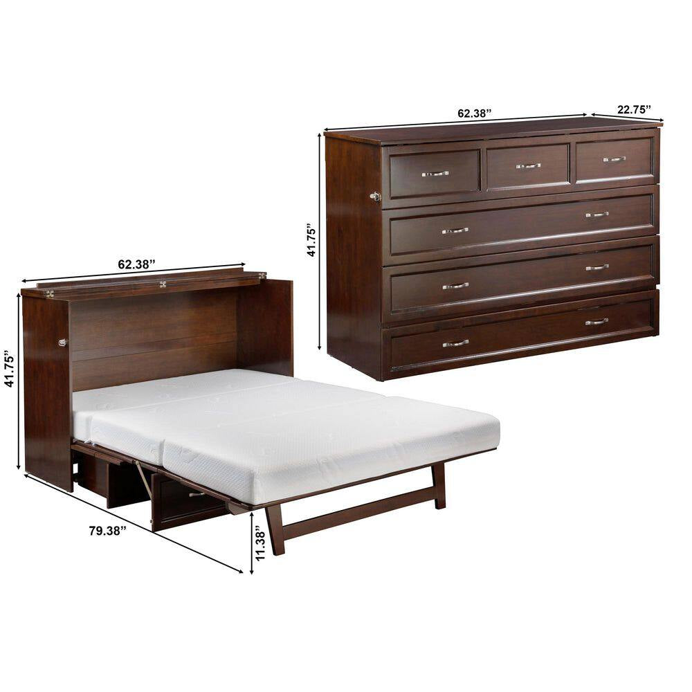 Deerfield Walnut Brown Wood Frame Queen Murphy Bed Chest with 6 In. Mattress, Storage Drawer and Built-In Charger