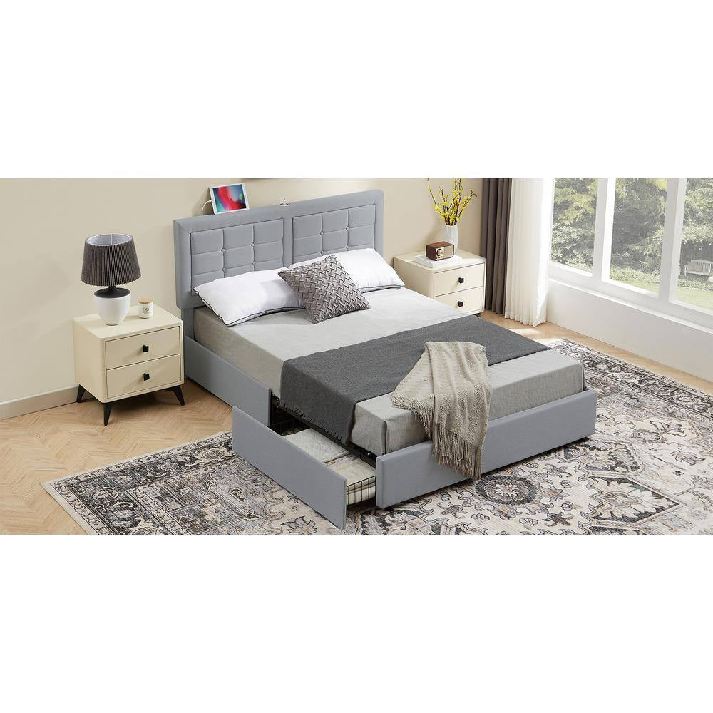 Upholstered Bed with 4-Drawers, Full Bed Frame, Light Gray Platform Bed with Headboard, Built-In USB and Type C Ports
