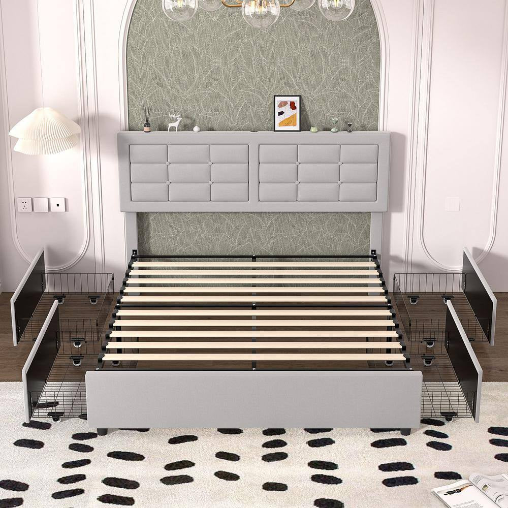 Upholstered Bed with 4-Drawers, Full Bed Frame, Light Gray Platform Bed with Headboard, Built-In USB and Type C Ports