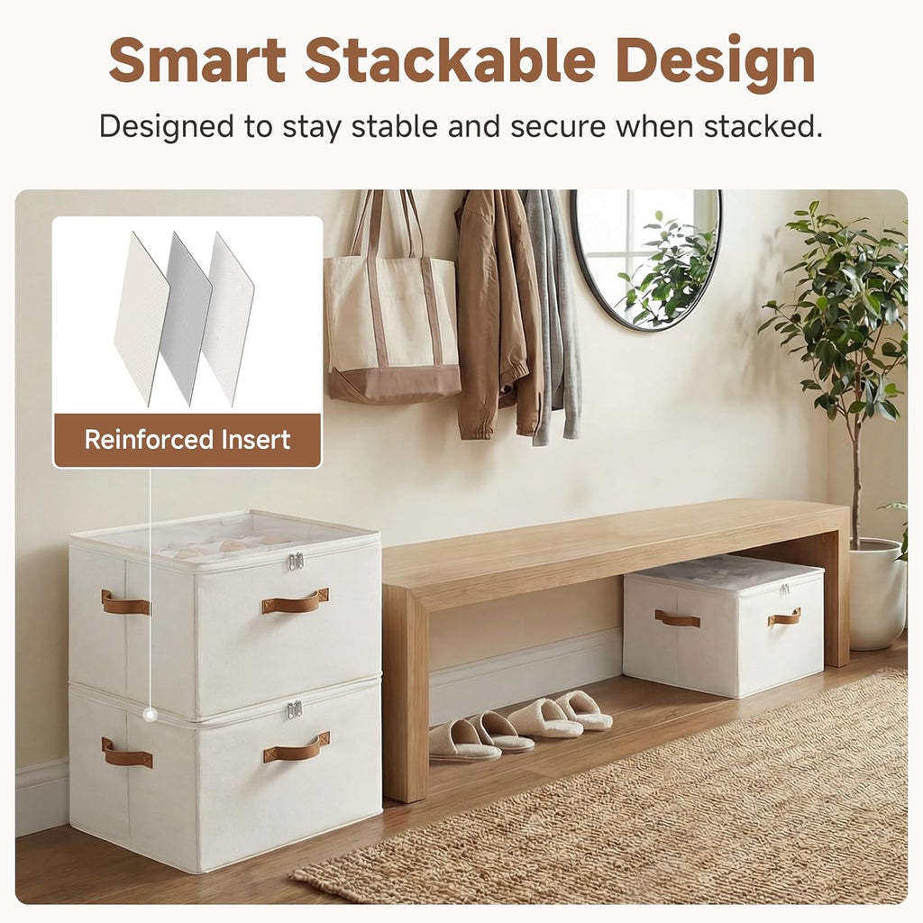 Shoe Organizer for Closet, Shoe Storage Cubby Containers with Adjustable Dividers and Clear Cover, Fits up to 16 Pairs, Foldable Shoe Storage Box for Closet, Entryway, Beige