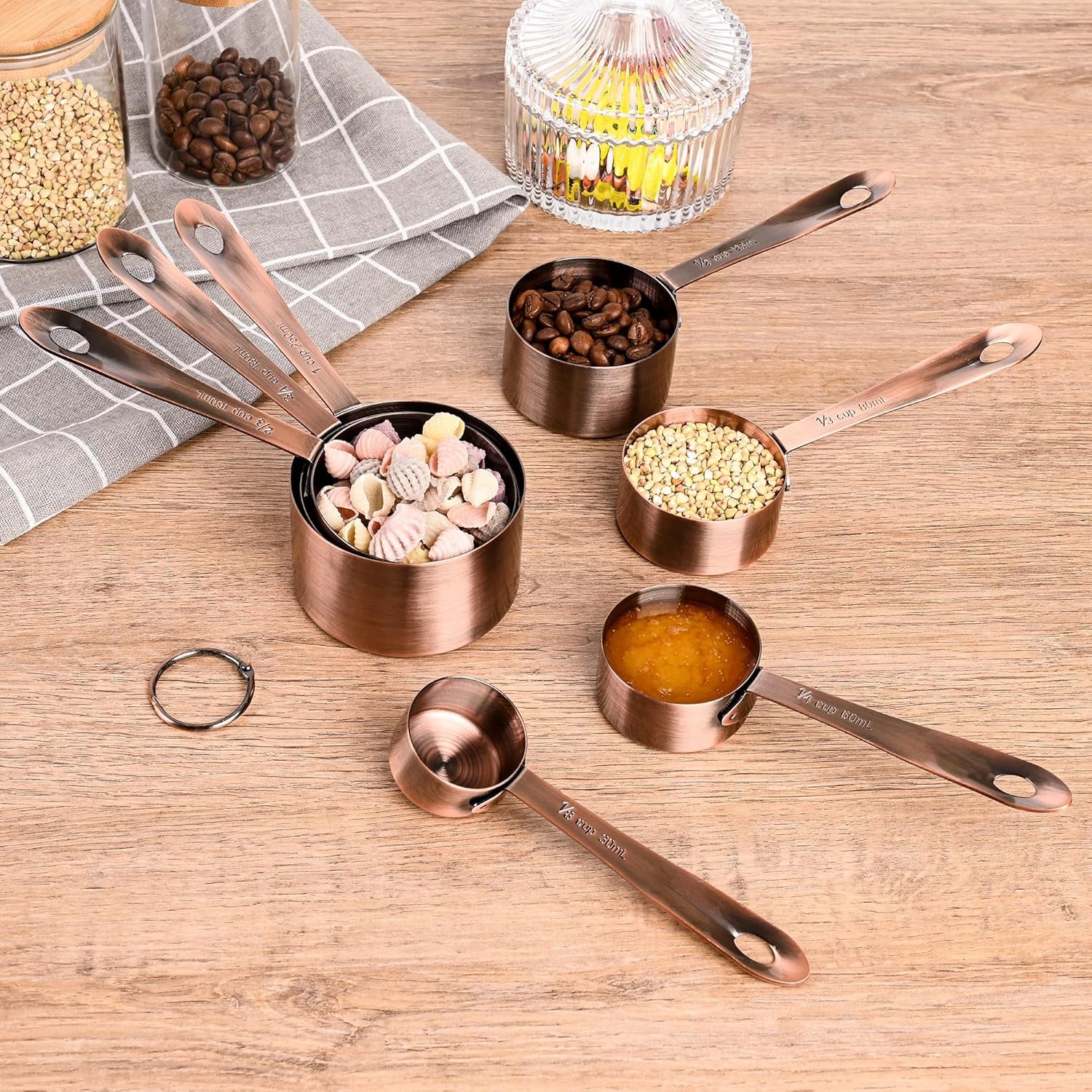 Copper Measuring Cups and Spoons Set of 18, 7 Measuring Cups, 9 Measuring Spoons, Stainless Steel Measuring Spoons and Cups for Dry & Wet Ingredients during Kitchen & Baking
