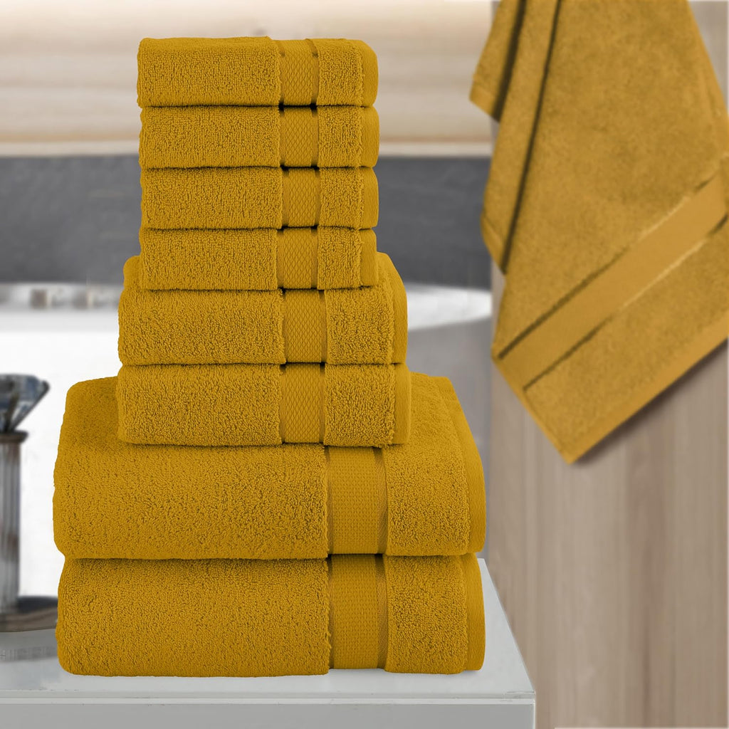 Premium Cotton 8-Piece Towel Set, Includes 4 Washcloths, 2 Hand Towels and 2 Bath Towels, 100% Turkish Cotton - Highly Absorbent and Super Soft Towels for Bathroom, Gold