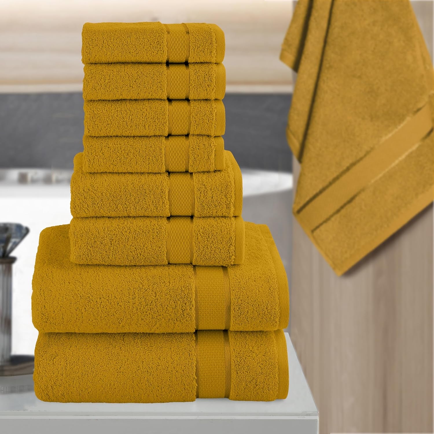 Premium Cotton 8-Piece Towel Set, Includes 4 Washcloths, 2 Hand Towels and 2 Bath Towels, 100% Turkish Cotton - Highly Absorbent and Super Soft Towels for Bathroom, Gold