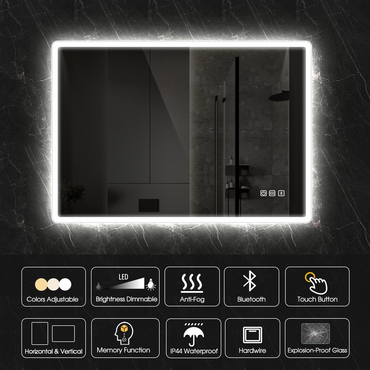 LED Bathroom Mirror 28X36 Inch Anti-Fog Dimmable Bluetooth Backlit 3 Color