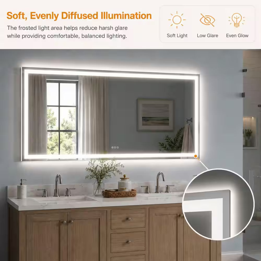 72 In. W X 36 In. H Rectangular Frameless LED Wall Bathroom Vanity Mirror