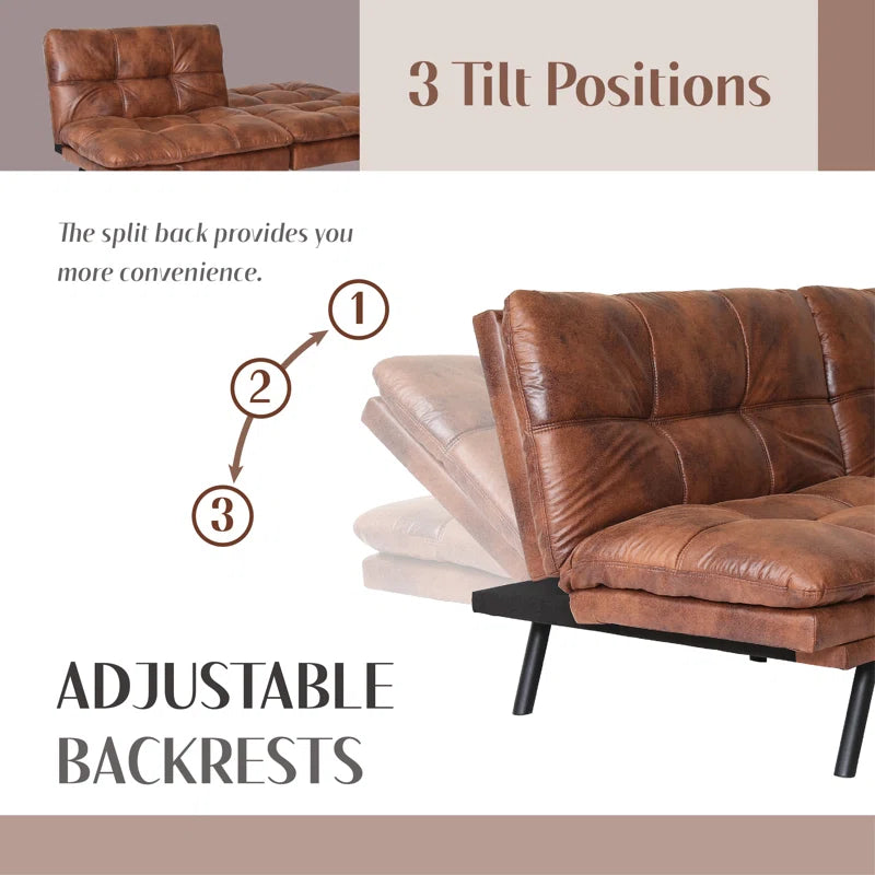 71" Mid Century Modern Leather Convertible Futon Twin Size with Adjustable Arms