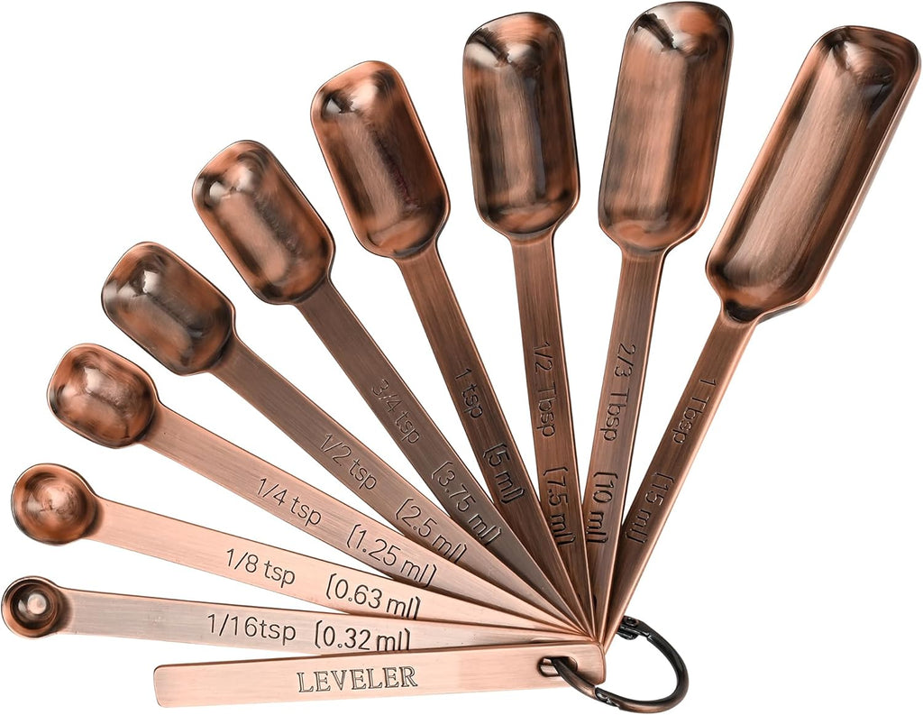 Copper Measuring Cups and Spoons Set of 18, 7 Measuring Cups, 9 Measuring Spoons, Stainless Steel Measuring Spoons and Cups for Dry & Wet Ingredients during Kitchen & Baking