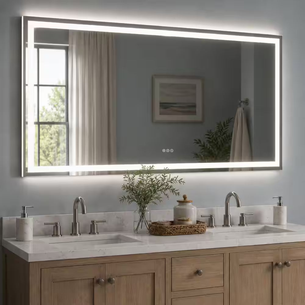 72 In. W X 36 In. H Rectangular Frameless LED Wall Bathroom Vanity Mirror