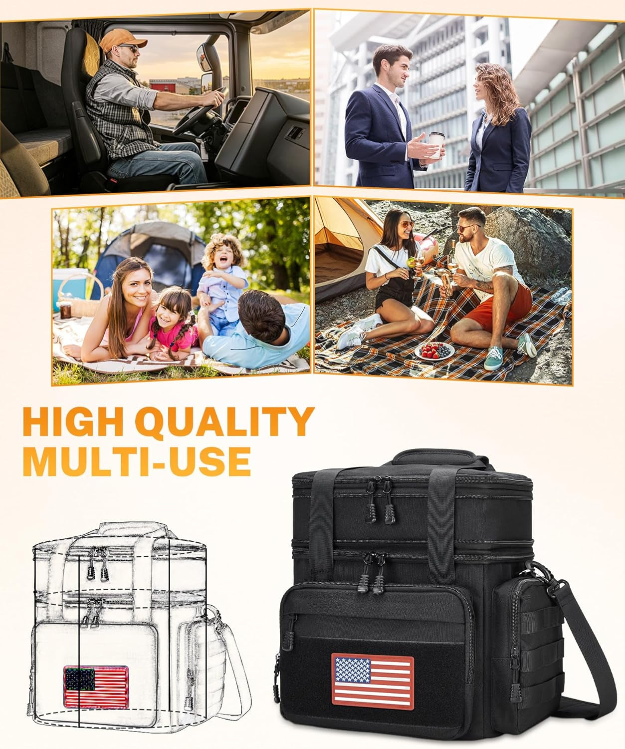 Tactical Lunch Box for Men, Insulated Lunch Bag Adult, Thermal Lunchbox Leakproof Waterproof Cooler Bag, Large Lunch Pail for Work Office Camping Travel (Black)