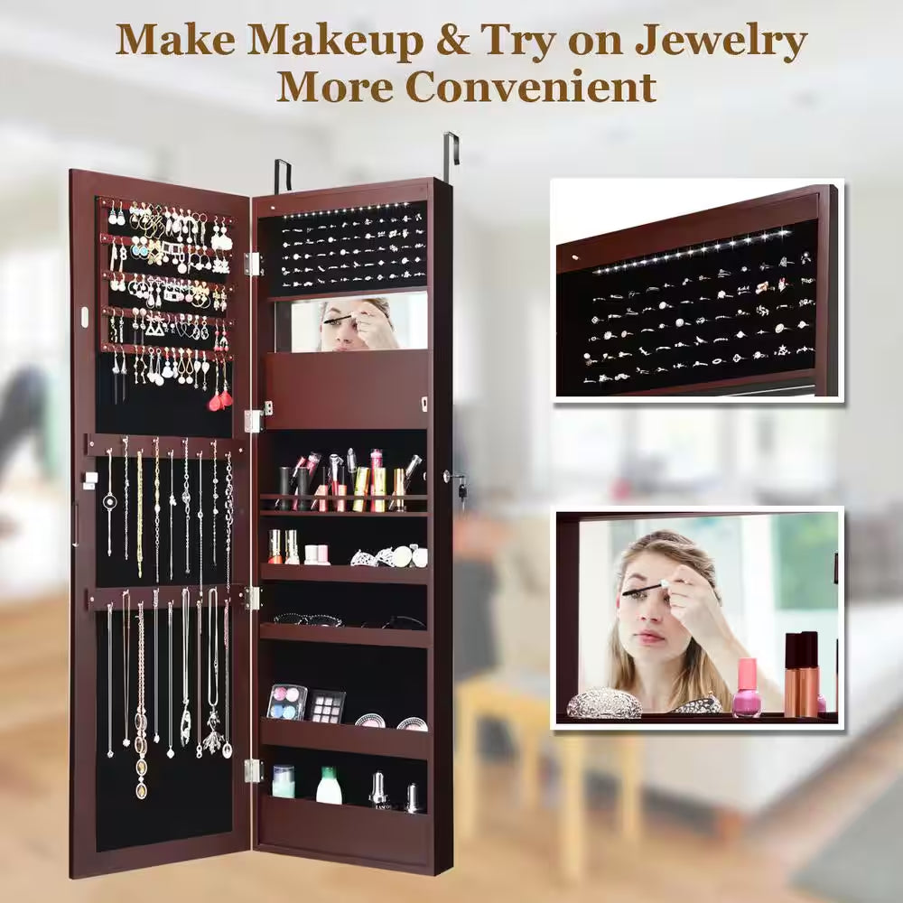 47 In. H X 14.5 In. W X 3.5 In. D Wall Door Mounted Lockable Jewelry Cabinet Armoire Organizer with LED Brown