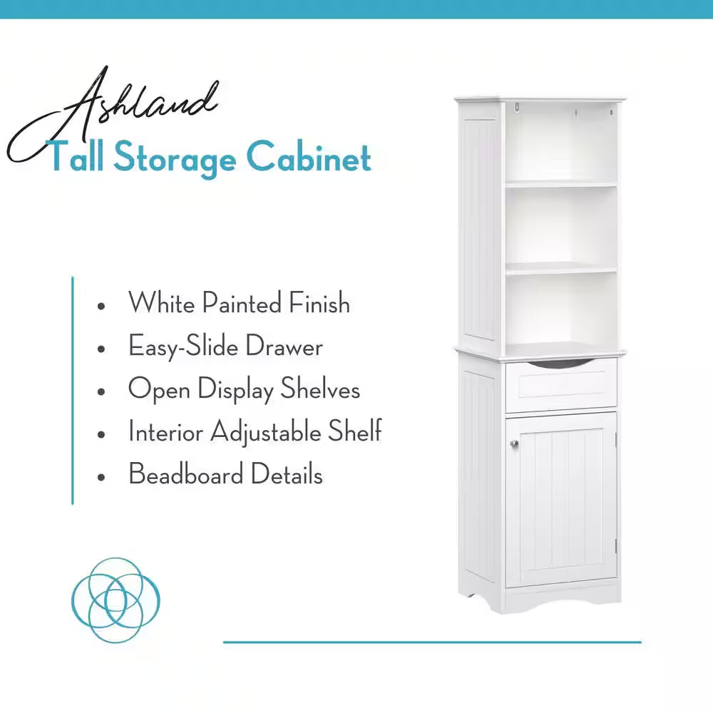 Ashland 16.5 In. W X 13 in D X 60 In. H White Linen Cabinet Tall Bathroom Storage Organizer with Drawer and Shelves