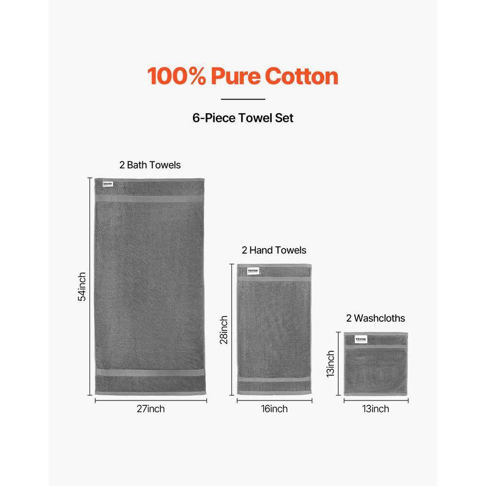 6-Piece Towel Set 600 GSM 100% Cotton Towels for Bathroom 2 Bath Towels 2 Hand Towels and 2 Washcloths (Gray)