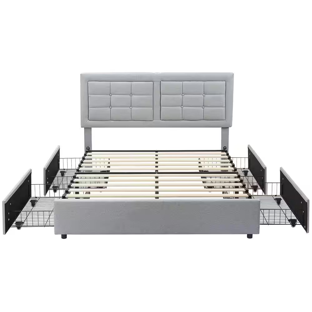 Upholstered Bed with 4-Drawers, Full Bed Frame, Light Gray Platform Bed with Headboard, Built-In USB and Type C Ports